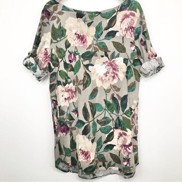 Ashir Aley Taupe Rose Floral Print Linen Blend Popover Sheath Tunic Top / Dress - Picture 2 of 15